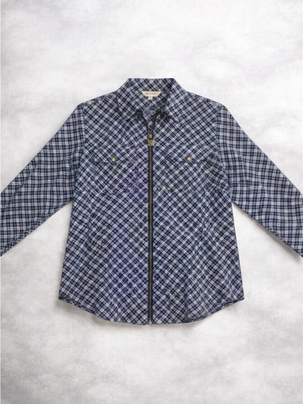 MICHAEL MICHAEL KORS PLAID LONG SLEEVE ZIP FRONT SHIRT BLUE AND WHITE SIZE M